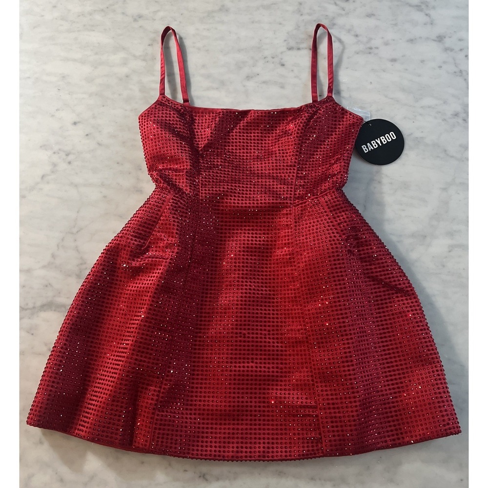 Babyboo Emma Mini Dress Red Sparkly Fit Flare Corset Party Size Small NWT - Picture 3 of 9